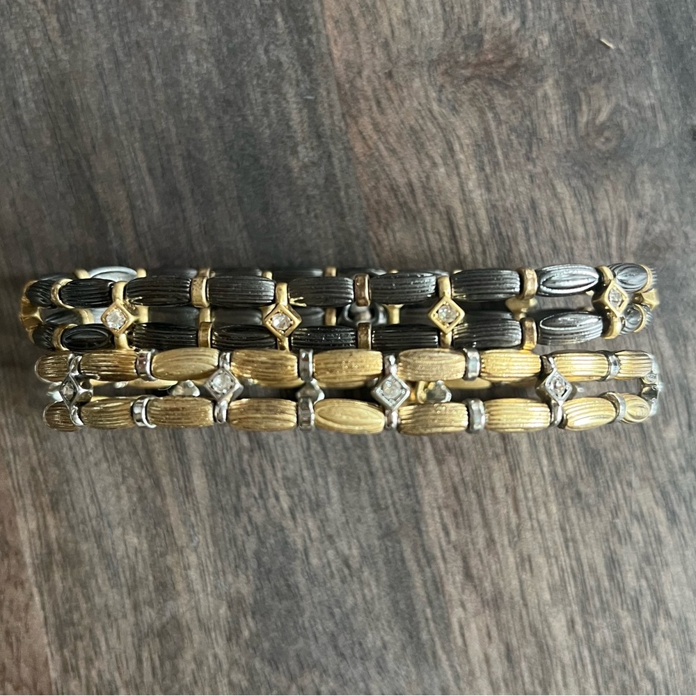 LIA SOPHIA 2 Stretch Hematite & Gold Beaded Rhinestone Bracelet Retails $116